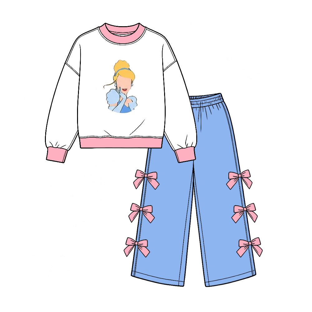 Preorder (moq 5) Baby Girl Clothes Princess Cinderella Character Print Long Sleeve Bow Decor Wide Leg Pant Set
