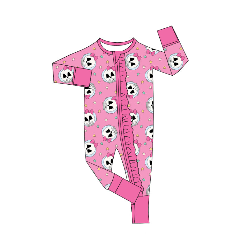 Preorder (moq 5)Baby Girls Pink Long Sleeves Bows Skulls Stars Plaid Ruffle Zipper Romper
