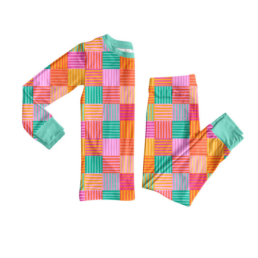 Preorder(moq 8)Baby Girls Colorful Stripe Checked Top Pants Pajamas Sets