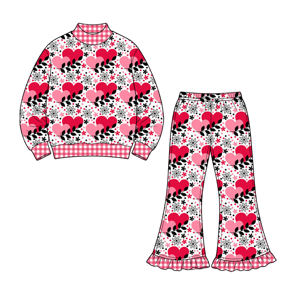 Preorder (moq 5) Baby Girl Clothes Red Heart Floral Gingham Mixed Print Long Sleeve Mock Neck Sweatshirt Ruffle Flare Pant Set