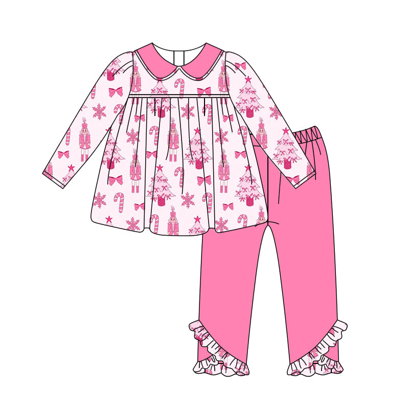 Preorder (moq 5)Baby Girls Pink Long Sleeves Soldier Trees Tunic Ruffle Pant Set