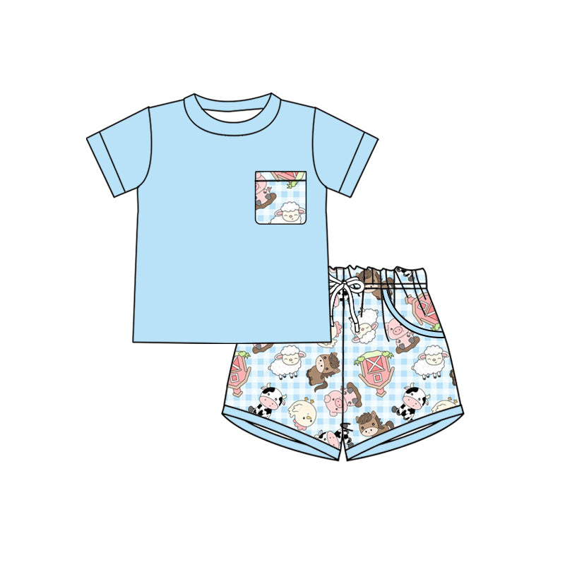 Preorder (moq 5)Baby Boys Blue Shirt Sheep Pigs Top Pockets Short Farm Clothes Sets