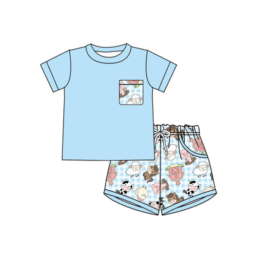 Preorder (moq 5)Baby Boys Blue Shirt Sheep Pigs Top Pockets Short Farm Clothes Sets