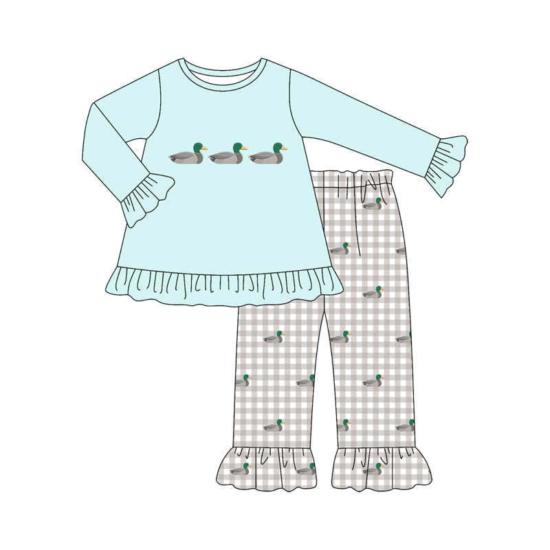 Preorder (moq 5)Baby Girls Long Sleeve Ducks Tunic Checked Ruffle Pant Hunting Sets