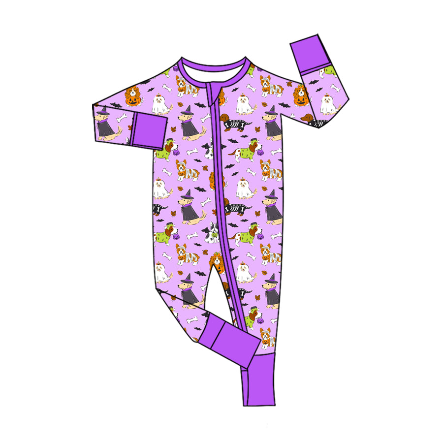 Preorder (moq 5)Baby Boys Ghost Pumpkins Dogs Halloween Two Way Zip Convertible Rompers