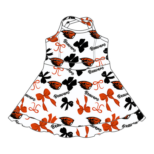 Preorder (moq 5)Baby Girls Strap Beavers Bows Plaid Shorts Ruffle Team Knee Length Dresses