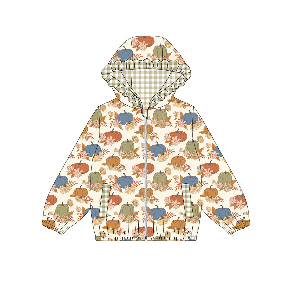 Preorder (moq 5)Baby Girls Long Sleeve Flowers Pumpkins Fall Pockets Zip Hoodies Top