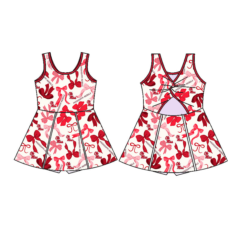 Preorder (moq 5)Baby Girls Red Sleeveless Ole Miss Bows Plaid Short Team Knee Length Dresses