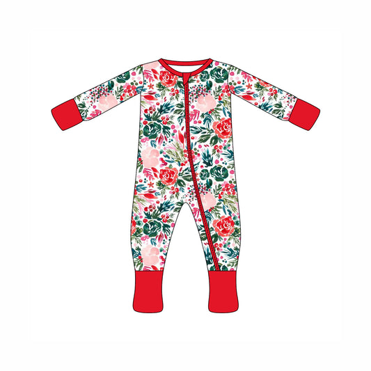 Preorder moq 10 Baby Kids Red Long Sleeves Floral Trees Zipper Pant Rompers