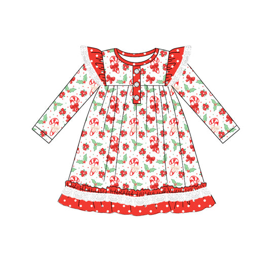 Preorder (moq 5)Baby Girls Long Sleeves Candy Cane Bows Holly Button Ruffle Knee Length Dress