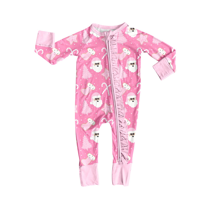 Preorder(moq 5)Baby Girls Pink Santa Candy Cane Bows Christmas Zipper Footie Rompers