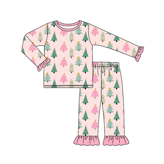 Preorder (moq 5)Baby Girls Peach Long Ruffle Sleeves Trees Plaid Top Pant Pajamas Set