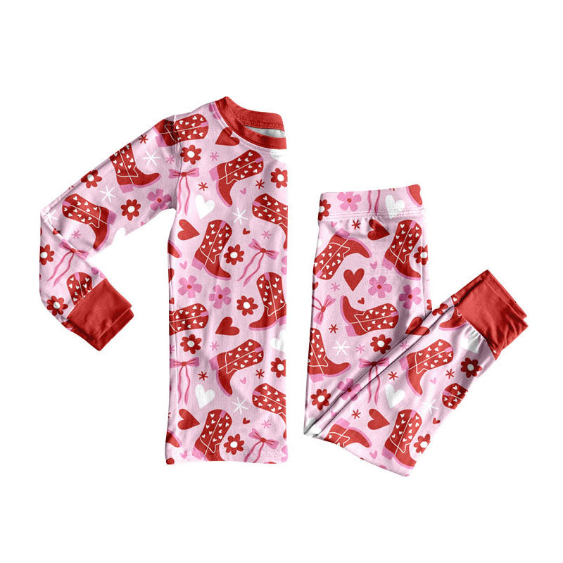 Preorder (moq 5)Baby Girls Boots Bows Flowers Top Pants Valentine Pajamas Sets
