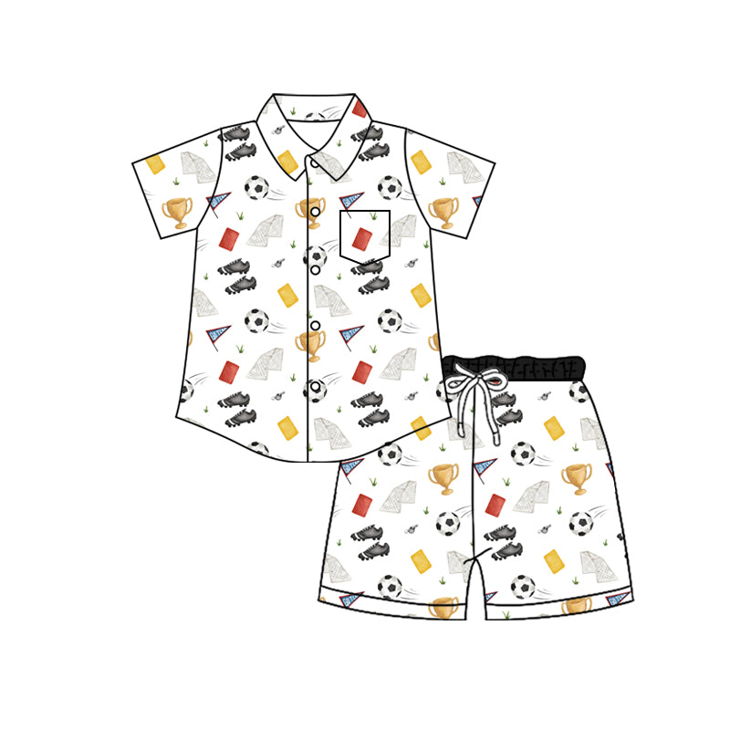 Preorder (moq 5)Baby Boys Footballs Button Pocket Top Short Team Clothes Sets