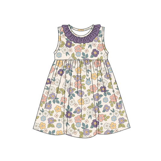 Preorder (moq 5)Baby Girls Sleeveless Purple Floral Round Collar Knee Length Dresses