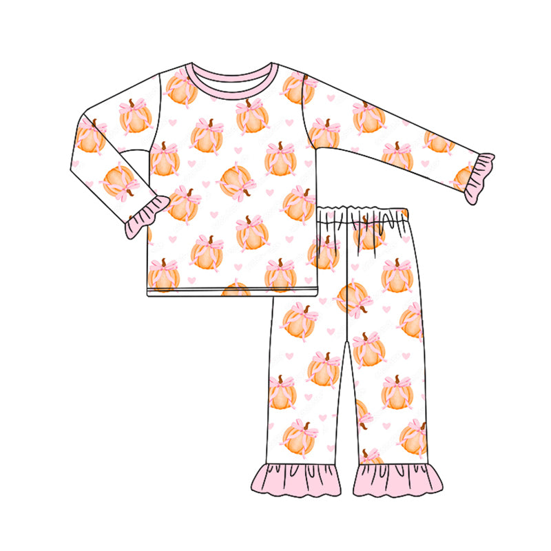 Preorder (moq 5)Baby Girls Long Ruffle Sleeves Hearts Bows Pumpkins Top Pant Pajamas Set