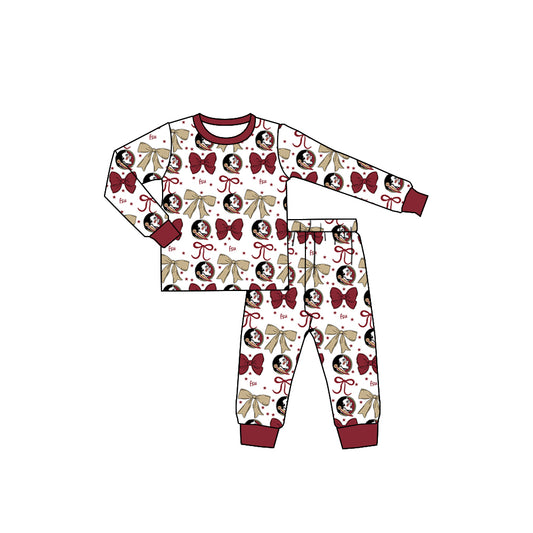 Preorder (moq 5)Baby Girls Red FSU Team Bows Top Pants Pajamas Sets