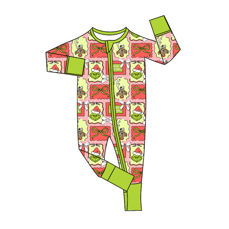 Preorder(moq 5)Baby Infant Boys Green Face Bows Plaid Christmas Zipper Rompers