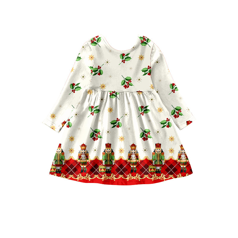 Preorder (moq 5)Baby Girls Long Sleeves Soldiers Holly Plaid Ruffle Knee Length Dresses