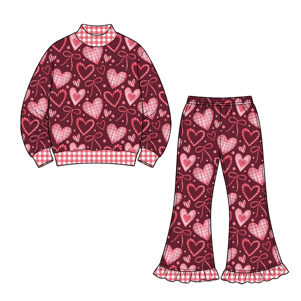 Preorder (moq 5) Baby Girl Clothes Burgundy Plaid Heart Bow Print Long Sleeve Mock Neck Sweatshirt Ruffle Flare Pant Set