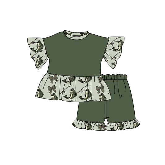Preorder (moq 5)Baby Girls Green Short Ruffle Sleeves Bows Fishes Tunic Short Set Preorder