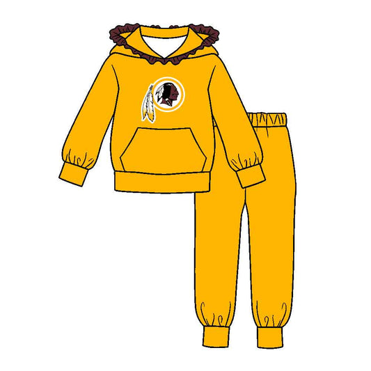 Preorder (moq 5)Baby Girls Yellow Redskins Pocket Ruffle Hoodie Joggers Team Clothes Set
