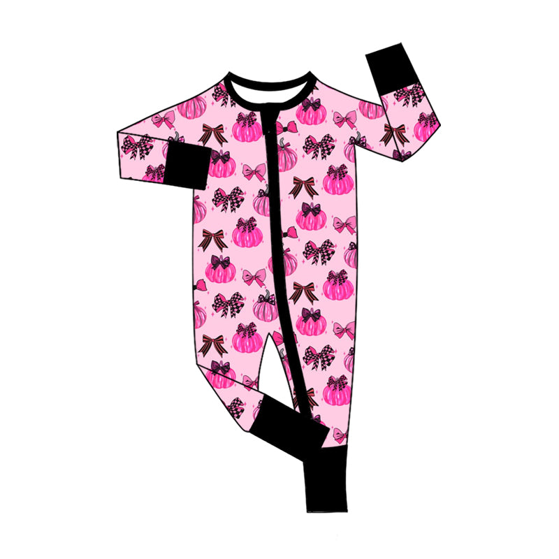 Preorder (moq 5)Baby Girls Pink Bows Pumpkins Fall Two Way Zip Convertible Rompers