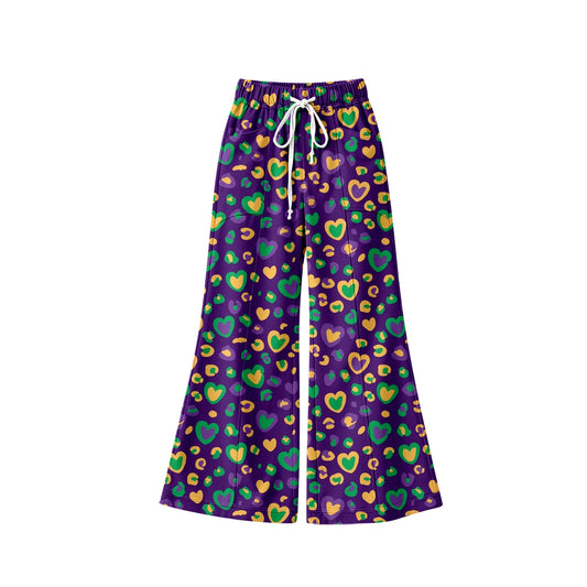 Preorder (moq 5) Baby Girl Clothes Mardi Gras Heart Leopard Allover Print Long Drawstring Flare Pants