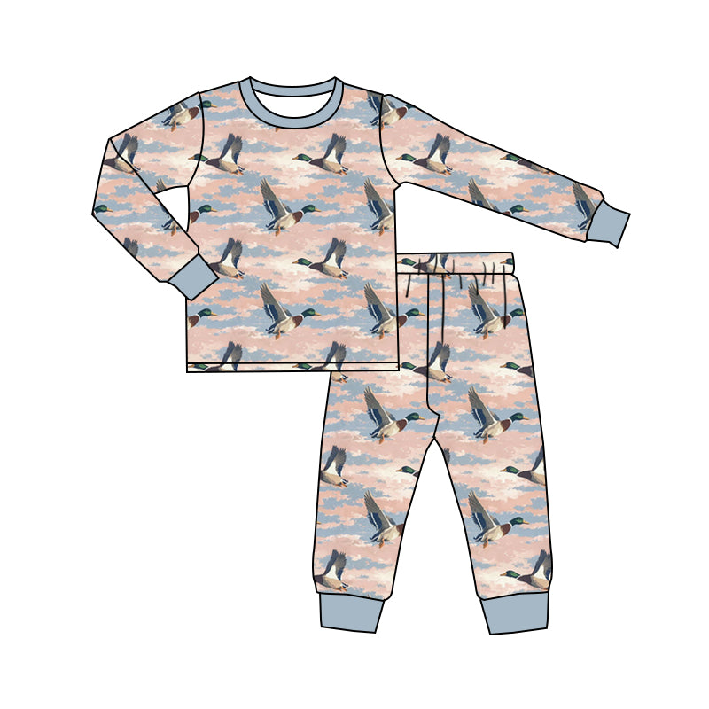 Preorder (moq 5) Baby Girl Clothes Mallard Duck Sky Camo Print Long Sleeve Pajama Set