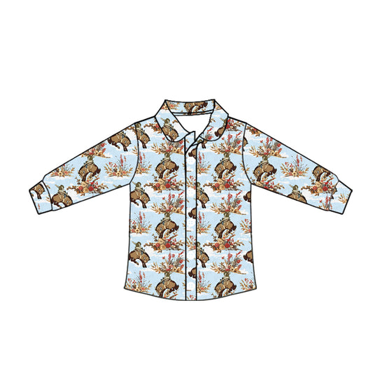 Preorder moq 10 Baby Boys Blue Long Sleeves Horse Rodeos Button Shirts Top