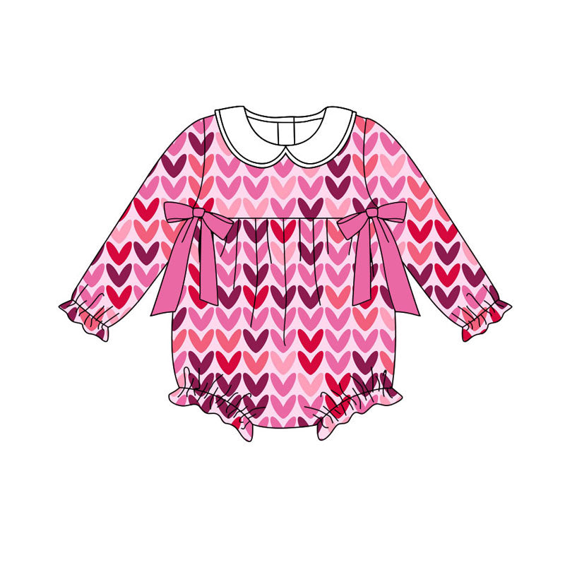 Preorder (moq 5)Baby Girls Pink Hearts Bows Valentine Ruffle Rompers