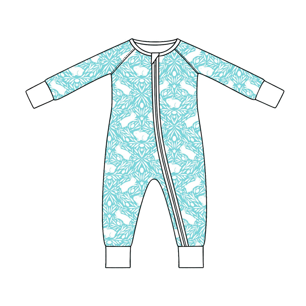 Preorder (moq 5) Baby Girl Clothes Easter Light Blue Rabbit Floral Mixed Print Long Sleeve Zipper Romper
