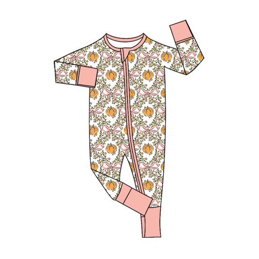 Preorder (moq 5)Baby Girls Bows Pumpkins Fall Two Way Zip Convertible Rompers