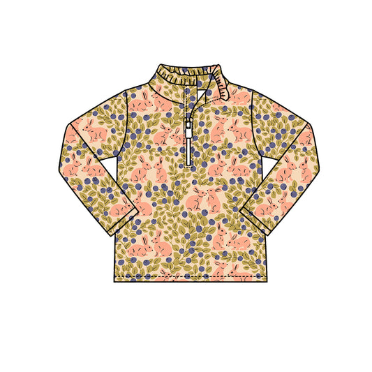 Preorder (moq 5) Baby Girl Clothes Peach Bunny Berry Leaf Allover Print Long Sleeve Half Zip Top