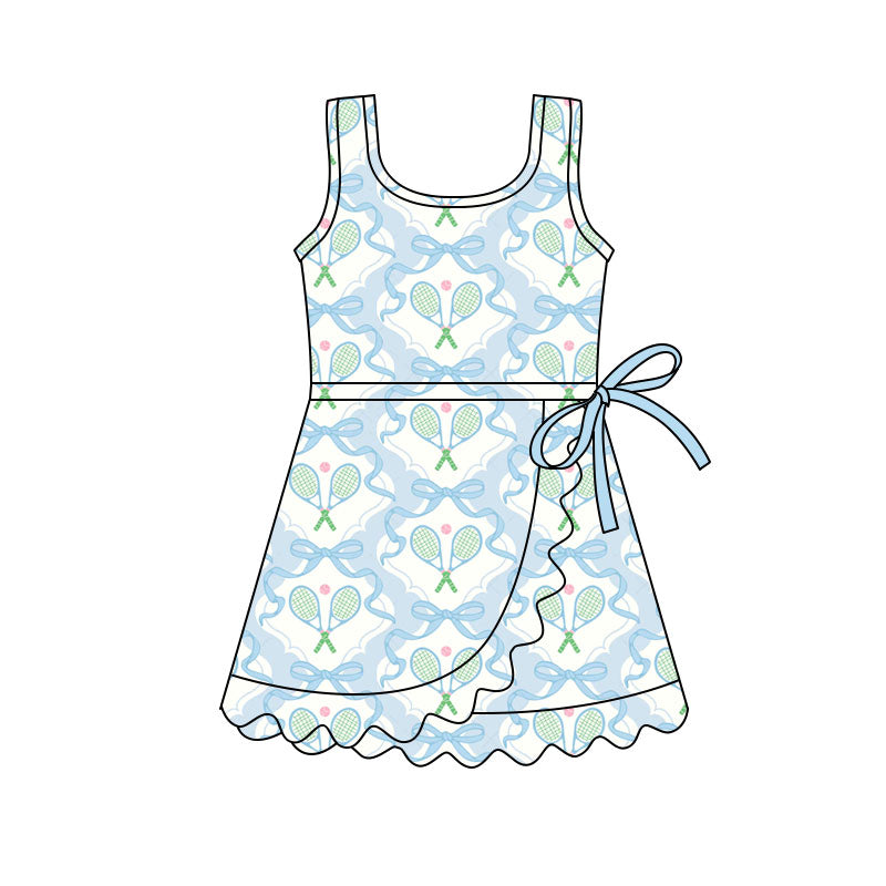Preorder(moq 5) Baby Girls Sleeveless Blue Bows Tennis Team Ruffle Knee Length Dresses
