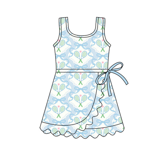 Preorder(moq 5) Baby Girls Sleeveless Blue Bows Tennis Team Ruffle Knee Length Dresses