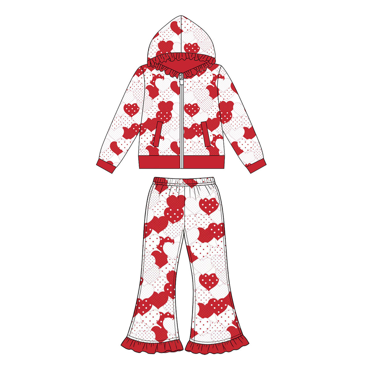 Preorder (moq 5) Baby Girl Clothes Red White Polka Dot Heart Print Long Sleeve Ruffle Hood Zip Jacket Ruffle Flare Pant Set