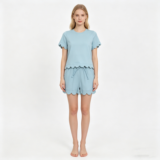 Adult Women Light Blue Short Sleeve Top Pockets Short Cotton Scallop Clothes Set