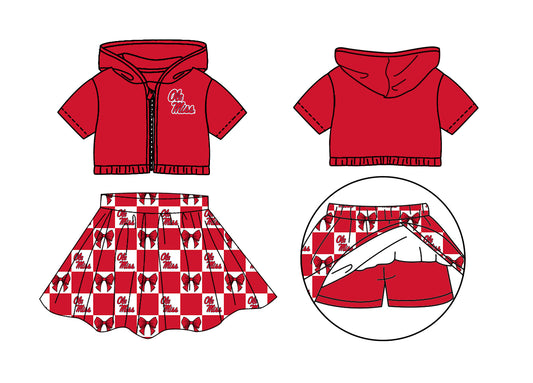 Preorder (moq 5)Baby Girls Ole Miss Bows Zip Hoodie Jackets Skirt Short Team Clothes Sets