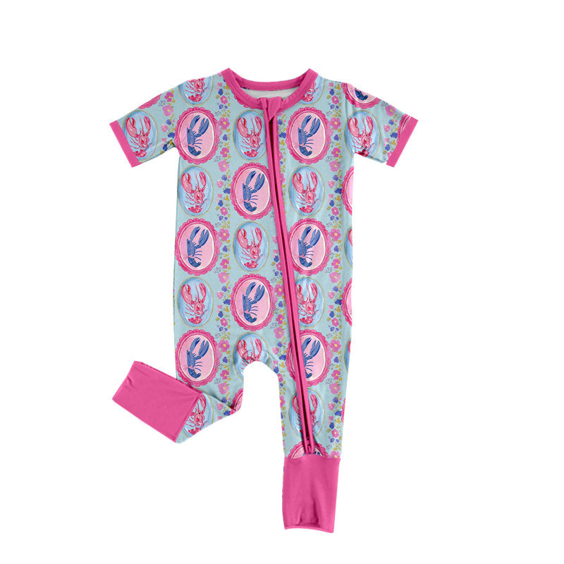 Preorder (moq 5) Baby Girl Clothes Cameo Lobster Floral Mixed Print Short Sleeve Zipper Romper