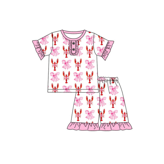 Preorder (moq 5)Baby Girls Pink Crawfish Bows Top Shorts Pajamas Clothes Sets