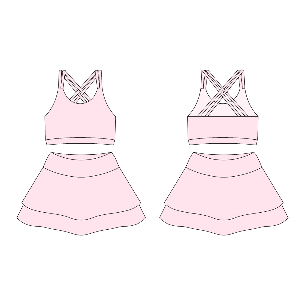 Preorder moq 10 Baby Girls Light Pink Strap Activity Wear Vests Top Short Skirts Yoga Set