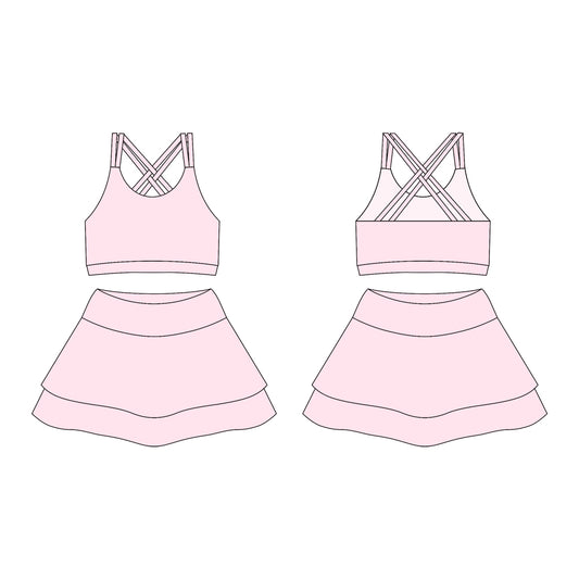 Preorder moq 10 Baby Girls Light Pink Strap Activity Wear Vests Top Short Skirts Yoga Set