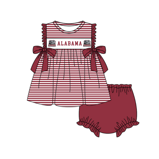 Preorder (moq 5)Baby Girls Red Sleeveless Alabama Stripe Tunic Bummies Team Clothes Sets