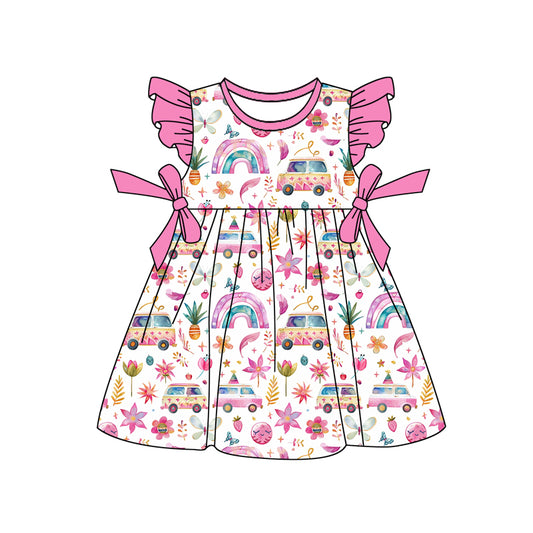 Preorder (moq 5)Baby Girls Pink Rainbow Buses Bows Knee Length Dresses