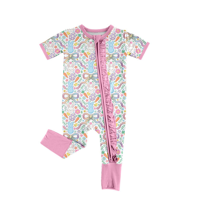 Preorder (moq 5) Baby Girl Clothes Pastel Easter Bunny Egg Bow Print Short Sleeve Ruffle Zip Romper Jumpsuit