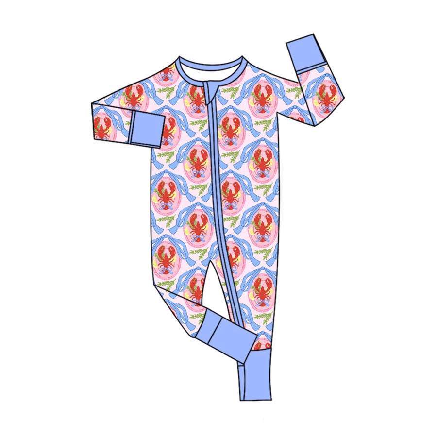 Preorder (moq 5) Baby Girl Crawfish Blue Bow Wreath Print Long Sleeve Zipper Romper Boutique Baby Clothes