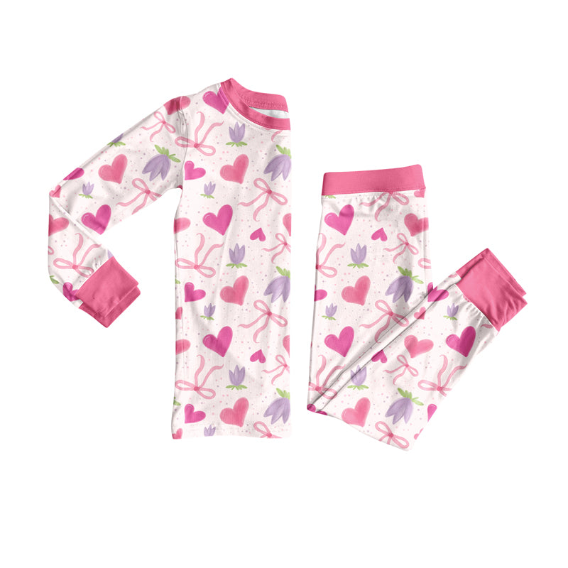 Preorder (moq 5)Baby Girls Long Sleeves Pink Hearts Bows Flowers Top Pants Pajamas Set