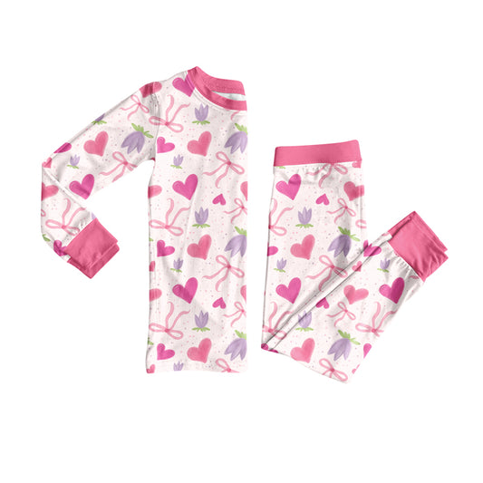 Preorder (moq 5)Baby Girls Long Sleeves Pink Hearts Bows Flowers Top Pants Pajamas Set