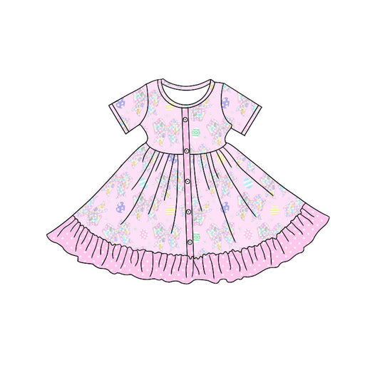 Preorder (moq 5)Baby Girls Flower Bows Eggs Button Ruffle Easter Knee Length Dresses